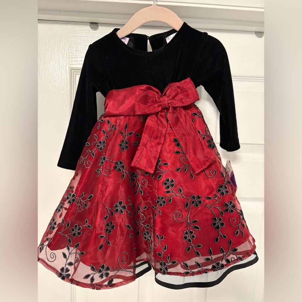 Brand New Toddler Girl Elegant Black and Red Floral Dress